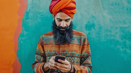 Man with a turban texting on a smartphone