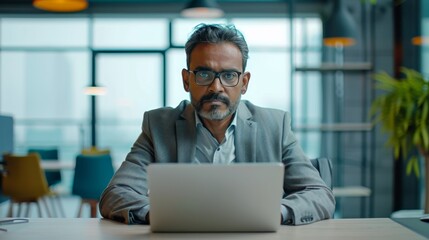 Fototapete - Indian businessman with laptop at modern office table