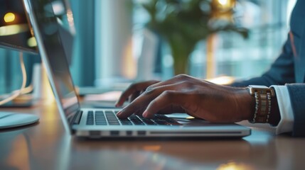 Fototapete - Indian businessman typing on laptop in modern office setting