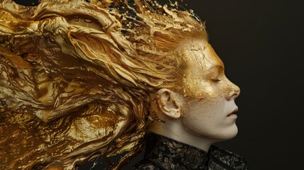 Poster - A person appears serene, with golden-like strands cascading around their head, blending with a textured, golden background, creating a striking artistic effect