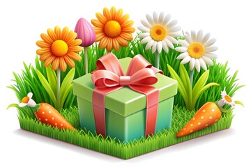 Happy Easter background. Green grass and flowers in basket. Vector.
