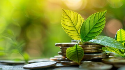 Poster - A stack of coins with green leaves on top representing carbon credits