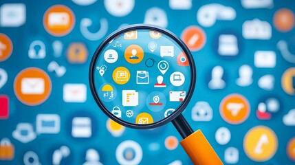 Magnifying glass on floating icons, targeted search, flat design illustration