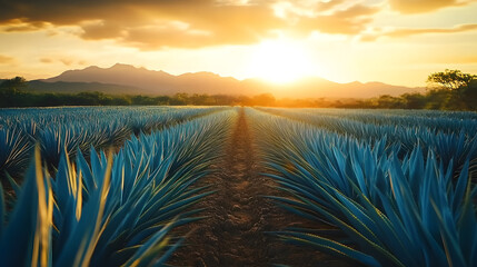 Sticker - a sunset casts a beautiful glow on a field of blue agave plant