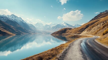 Wall Mural - A wide-angle shot of a winding mountain road leading towards a serene lake, with reflections of the surrounding mountains in the water and a peaceful, scenic atmosphere.