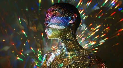 Poster - Colorful light projections illuminate the person’s face and body, creating a mesmerizing visual effect against a dark background