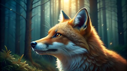 Wall Mural - Red fox. Portrait of a beautiful fox in profile against the background of a dark magical forest.