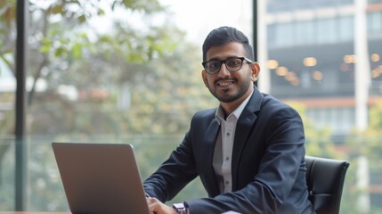 Aufkleber - Confident Indian businessman on laptop in professional workspace background