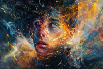Poster - A person’s face is enveloped in a mesmerizing swirl of vibrant colors and light, creating a dreamlike atmosphere