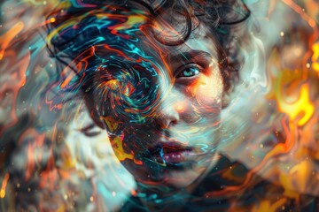 Poster - A young individual gazes thoughtfully as vibrant colors and textures swirl around, creating a captivating and imaginative atmosphere