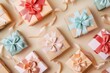 © Aurora - Watercolor gift boxes with ribbons and bows, arranged in a scattered pattern on a neutral background, Christmas background, cheerful holiday presents