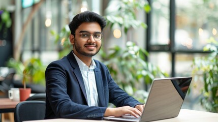 Fototapete - Indian businessman with laptop at modern office table