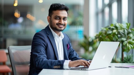 Fototapete - Indian businessman in formal attire working on laptop in clean office background