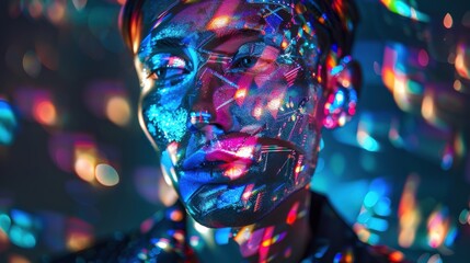 Poster - A model stands still as colorful light patterns dance across their face, creating an abstract and artistic effect in a studio setting