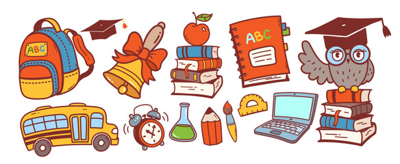 Wall Mural - vector color cute illustration collection of back to school education symbols and objects