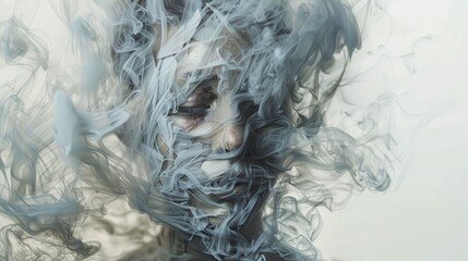 Poster - An artistic representation with a face emerging from dense, swirling gray smoke, conveying a sense of mystery and introspection