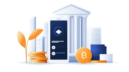 Fintech app, blockchain secure transactions, flat design illustration