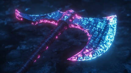 Wall Mural - A futuristic axe with a glowing blue and pink light design, set against a dark background.