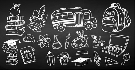Wall Mural - vector cute chalk drawn illustration set of back to school education symbols and objects on chalkboa