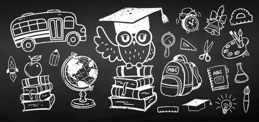 Wall Mural - vector cute chalk drawn illustration collection of back to school education symbols and objects on c