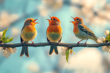 Canvas Print - Three Birds Singing Songs sitting on the brunch. Spring time