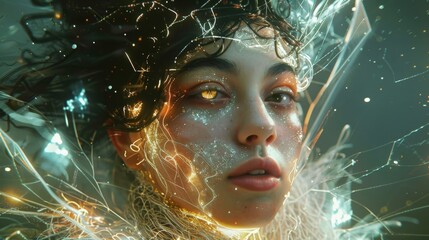 Poster - A young woman gazes directly at the camera with illuminated, shimmery lights surrounding her in an artistic environment