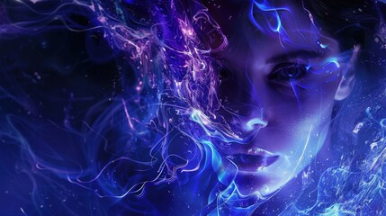 Poster - A woman gazes intently as vibrant light swirls around her, creating an ethereal atmosphere filled with color and motion