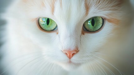 Close-up photo of a white beautiful cat with a pink nose and with green eyes