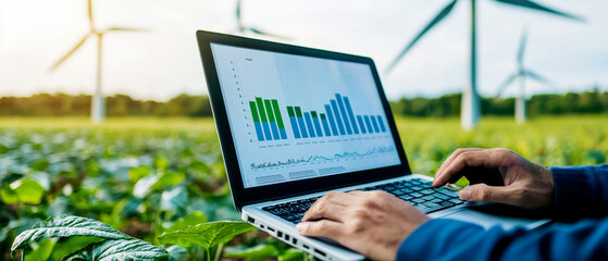 man analyzing data on laptop in green field with wind turbines, representing renewable energy and su