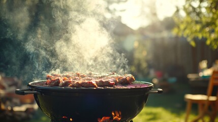 Wall Mural - Smoke rising from a barbecue grill filled with sizzling meat, with the smoky aroma wafting through a sunny backyard during a family gathering.