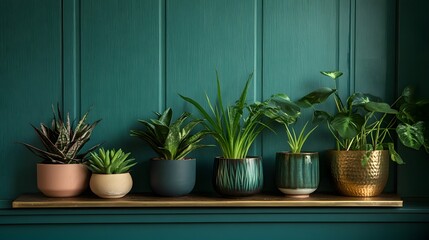 Wall Mural - A variety of potted plants on wooden tables against an emerald green wall, creating a vibrant and fresh indoor garden setting with an abundance of plant life