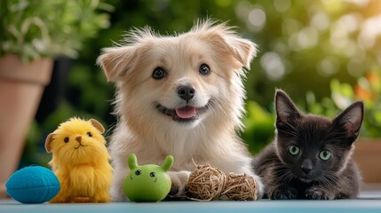 a wildlife-inspired image of pets interacting with natural, eco-friendly toys, set in a serene outdo