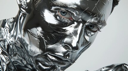 Poster - A model showcases intricate metallic face paint with a contemplative expression, highlighting the artistry of the design in a studio