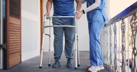 Canvas Print - Senior, legs and nurse with walker, help and support for mobility, physical therapy or rehabilitation on balcony. Elderly, person and caregiver or professional outdoor with walking, care and trust