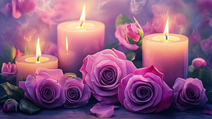 Canvas Print - Pink and purple roses, burning candles, watercolor still life in art deco style, roses, pink, purple, burning candles