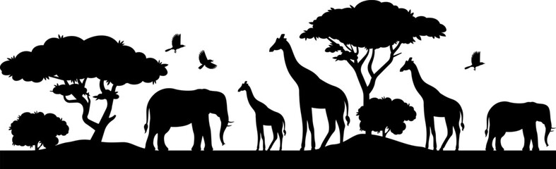 african savanna safari with animals seamless border. black silhouette illustration on white backgrou
