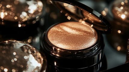 open compact of golden shimmering powder with bokeh lighting in a luxury beauty product display
