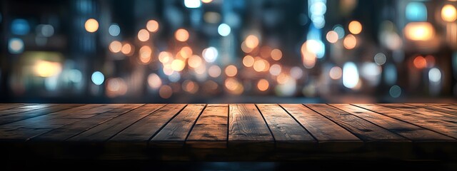 Wooden table with a blurred background of night city lights, creating a colorful bokeh effect. Designed for product display in e-commerce advertising