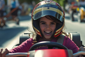 Sticker - Young girl driving a go-kart on a street, 