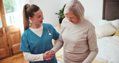 Canvas Print - Senior, woman and nurse with walking stick for help, support and bed in retirement home. Elderly, person with a disability and caregiver with cane for mobility, rehabilitation and recovery in bedroom