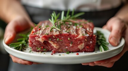 Wall Mural - fresh raw meat. Chef holding fresh raw meat on plate with blur background