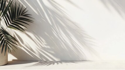 palm leaf shadows moving in wind on white beige wall. background for product advertisement