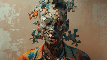 Poster - A person is depicted with a face made of puzzle pieces, adorned with vibrant colors, standing in an artistic studio environment