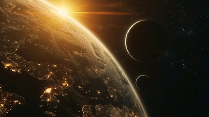 Wall Mural - Earth with Sun Glowing in the Distance with Two Moons Visible