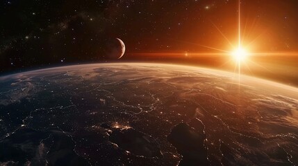 Wall Mural - Earthrise with a Glowing Sun and Crescent Moon
