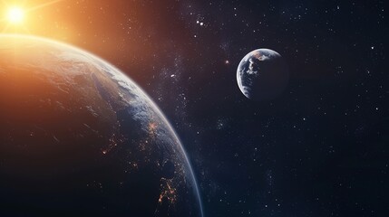 Wall Mural - Earth and Moon in Space with Sun Glowing in the Background