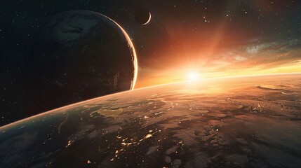Wall Mural - A Distant Planet's Sunrise With A Crescent Moon and Stars