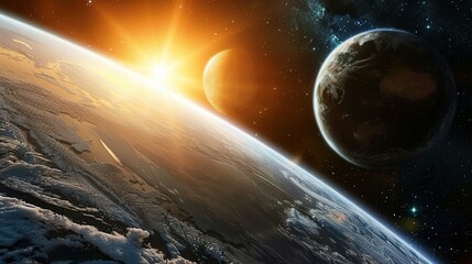 Wall Mural - Earthrise with a Glowing Sun and Second Planet