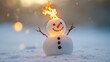 © Abul - A snowman with a fiery head stands on a snowy field, a quirky and ironic image suggesting warmth in the winter.