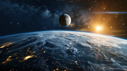 Wall Mural - Earth From Space With Crescent Moon, Stars, and Sun